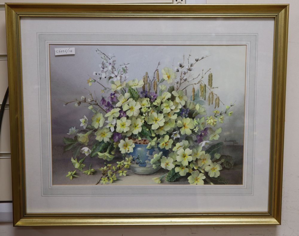 Jack Carter, watercolour, Still life of spring flowers in a vase, signed and dated 1982, 28 x 39cm